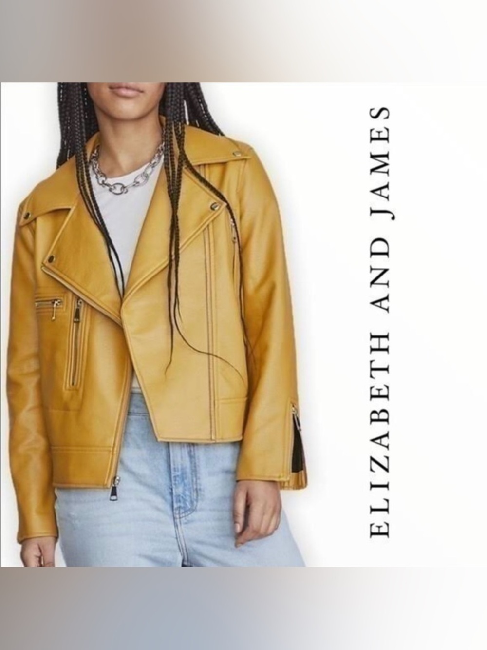 Elizabeth and James Mustard Yellow Faux-Leather Edgy Multi-Zip Moto Jacket Sz XS